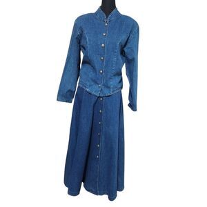 Vintage Waco Denim Outfit Womens Size 4 XS S Blue Jean Long Full Skirt Jacket